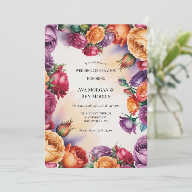 Lila Orange und Rote Rosenhochzeit mit QR-Code Einladung (Stehend Vorderseite)