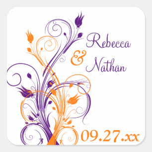 Lila Orange White Floral 1,5" Hochzeitsaufkleber Quadratischer Aufkleber
