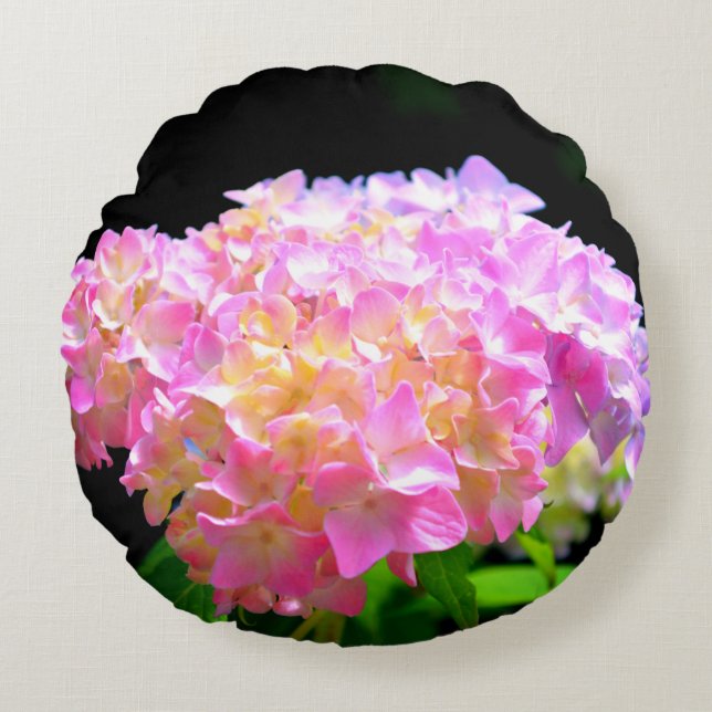Lila-orangefarbene Hydrangeas Rundes Kissen (Vorderseite)