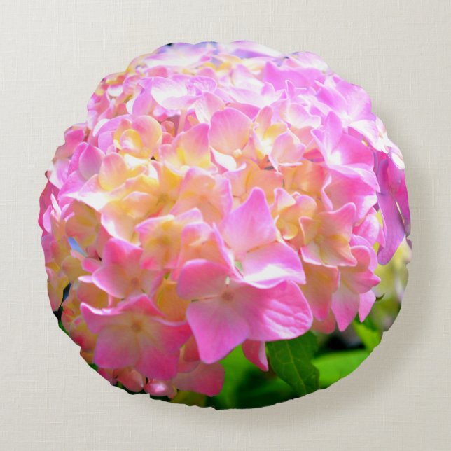 Lila-orangefarbene Hydrangeas Rundes Kissen (Vorderseite)