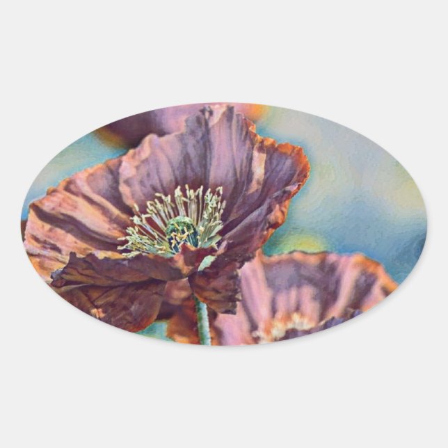 Lila-orangefarbene Mohnblüten Blume Aquarell Ovaler Aufkleber (Vorderseite)