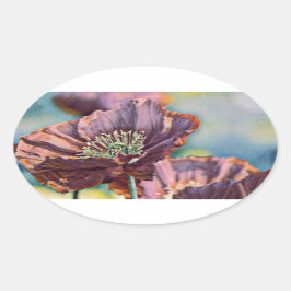 Lila-orangefarbene Mohnblüten Blume Aquarell Ovaler Aufkleber