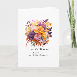 Lila, orangefarbene und gelbe Blumenhochzeit Dankeskarte