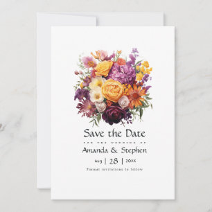 Lila, orangefarbene und gelbe Blumenhochzeit Save The Date