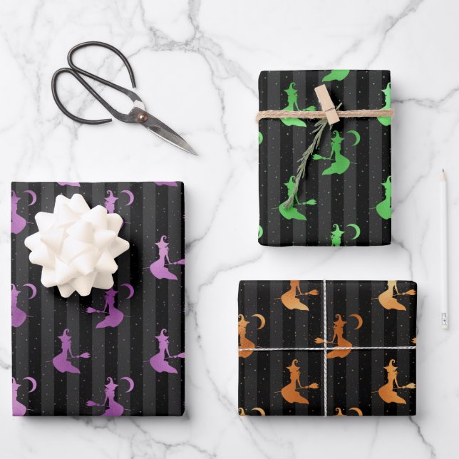Lila, orangefarbene und grüne Foilhexen und Streif Geschenkpapier Set (Vorderseite)