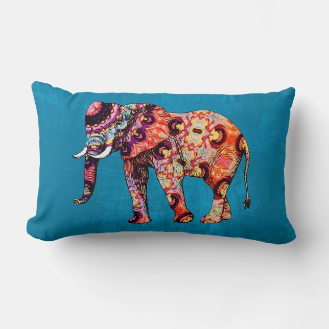 Lila orangefarbener Elefant auf blauem Grunge Lendenkissen (Vorderseite)