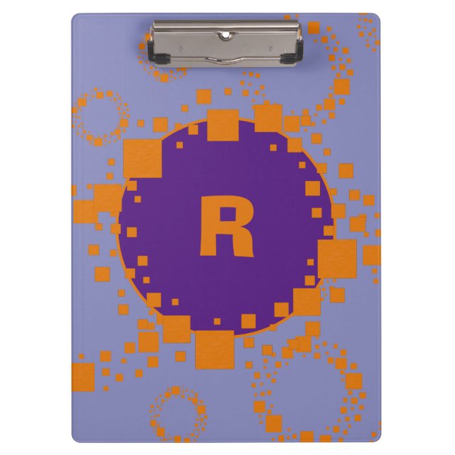 Lila Orangenquadrate der ersten Monogramm-Kreise A Klemmbrett (Vorderseite)