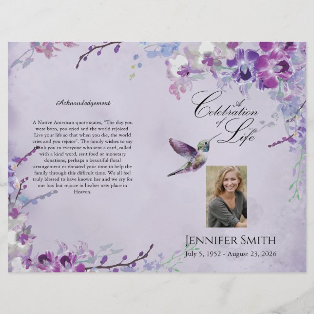 Lila Orchid Hummingbird-Beerdigungsprogramm Flyer (Vorne)
