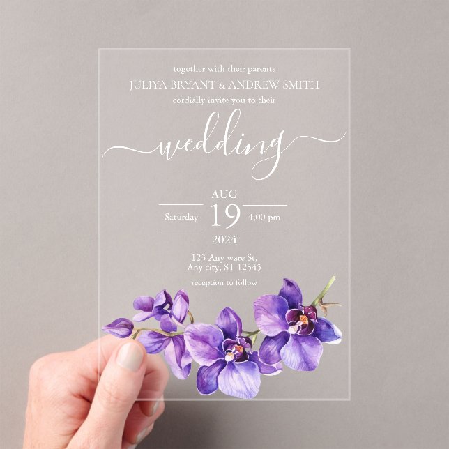 Lila Orchid-Script-Hochzeit Acryleinladungen (Insitu (Handheld))