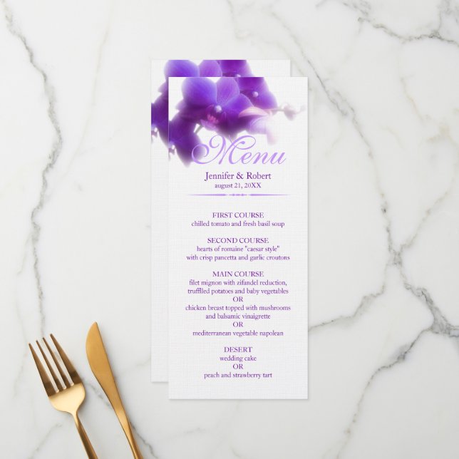 Lila Orchid Wedding Menu Menükarte (Vorderseite/Rückseite Beispiel)