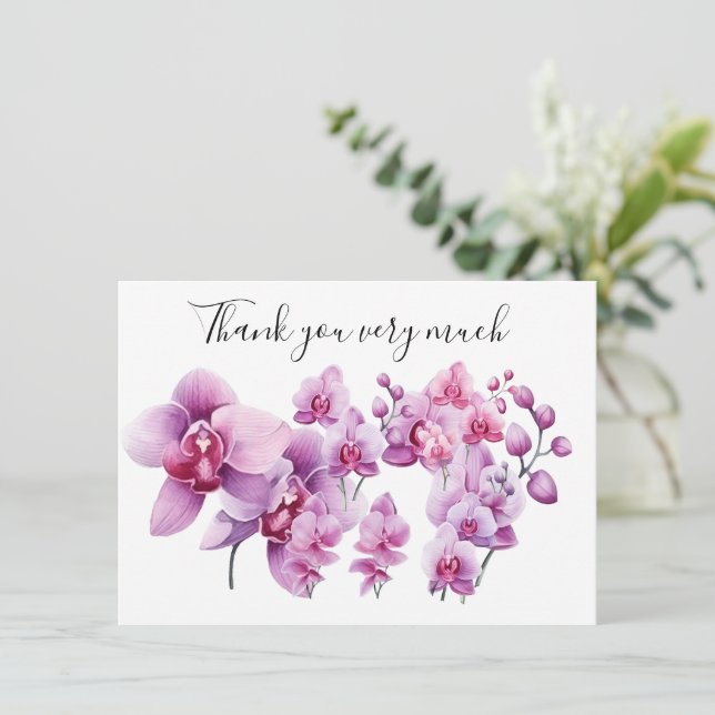 Lila Orchidee mit Stein auf weißem Grund Dankeskarte (Stehend Vorderseite)