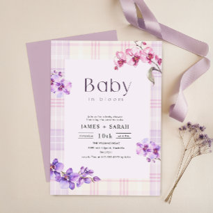 Lila Orchidee Vintage Gingham Blumen Baby Shower Einladung