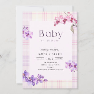 Lila Orchidee Vintage Gingham Blüten Baby Shower Einladung