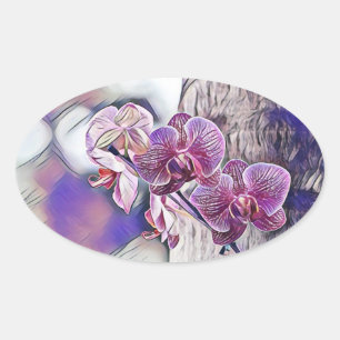Lila Orchideen-Blume auf einem Holzgeländer Ovaler Aufkleber