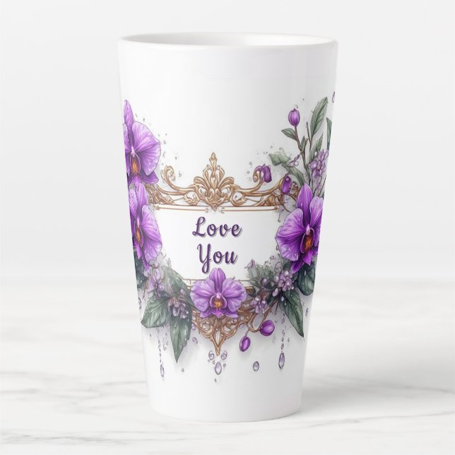 Lila Orchideen-Blumenrahmen Milchtasse (Vorderseite)
