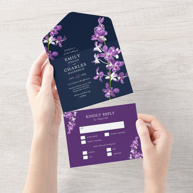 Lila Orchideen, moderne Hochzeiten All In One Einladung (Abreißen)