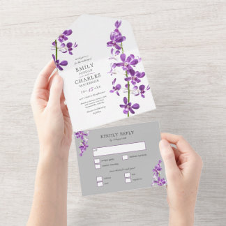 Lila Orchideen, moderne Hochzeiten All In One Einladung