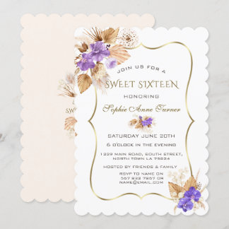 Lila Orchideen Pampas Grass Gold Rahmen Sweet 16 Einladung
