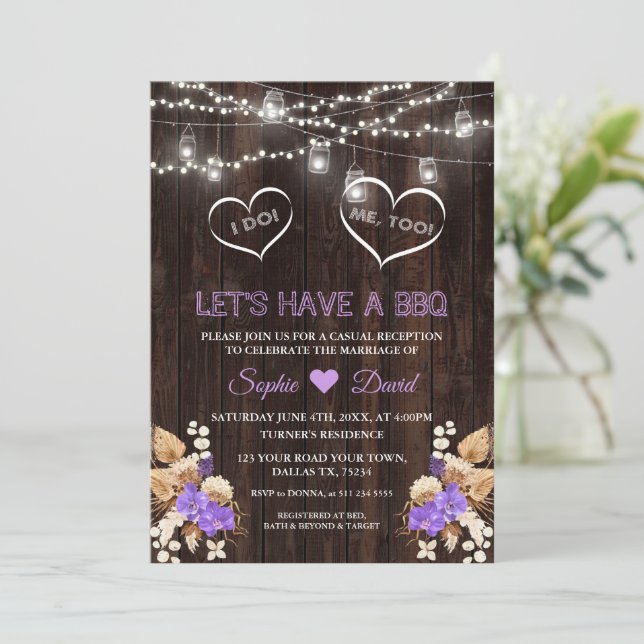 Lila Orchids Pampas Grass Lunaria Barn I DO GRILLE Einladung (Stehend Vorderseite)