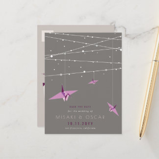 Lila Origami Paper Cranes - Asien Save the Date Ankündigungspostkarte