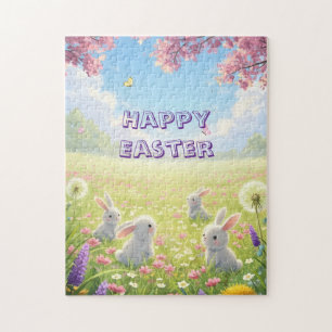 Lila Ostern Süße Weiße Hasen Blumen Frühling Puzzle