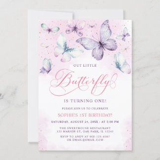 Lila-Out Kleine Butterfly Baby Girl 1. Geburtstag Einladung