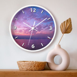 Lila Ozean Sonnenuntergang Wolken Foto modern eleg Große Wanduhr