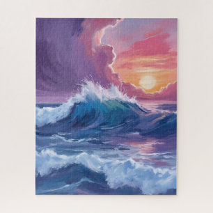 Lila Ozeanwellen Sonnenuntergang Aquarellmalerei Puzzle