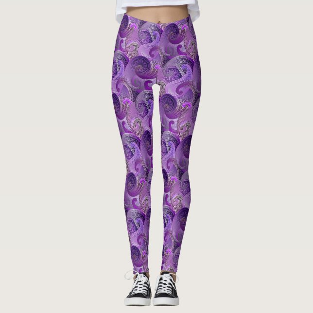 Lila Paisley Damask Muster Leggings (Vorderseite)