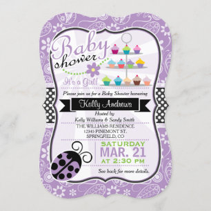 Lila Paisley-Marienkäfer-Themen-Mädchen-Baby-Party Einladung