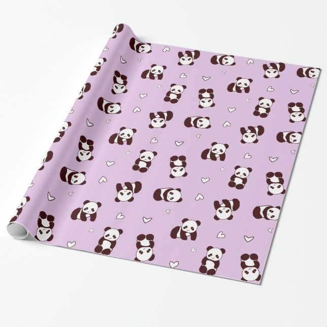 Lila Panda Herz Wrapping Paper Geschenkpapier (Ungerollt)