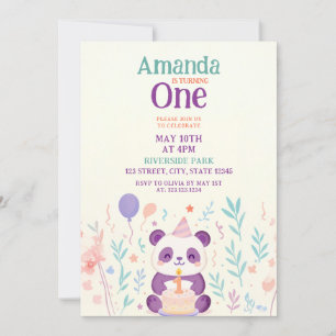 Lila Panda mit Blumengarten Szene 1. Geburtstag Einladung