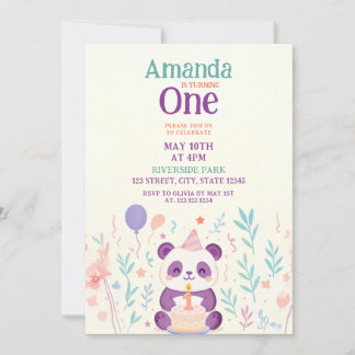 Lila Panda mit Blumengarten Szene 1. Geburtstag Einladung