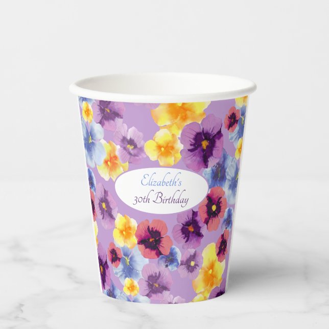 Lila Pansy Art HandIllustrierte Hütte Pappbecher (Vorderseite)