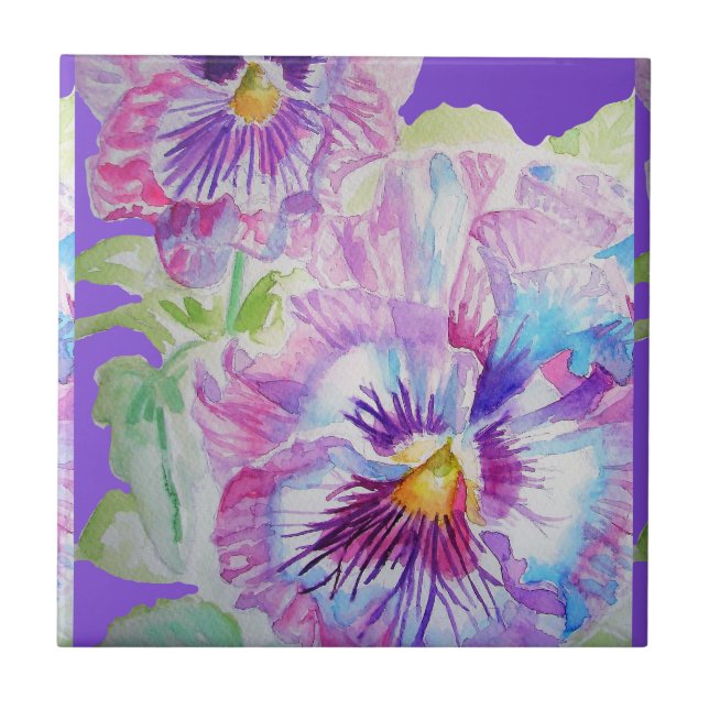 Lila Pansy Blume Aquarell Blumenstrauß Keramik Til Fliese (Vorderseite)