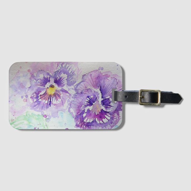 Lila Pansy Blume Floral Watercolor Gepäckstück Tag Gepäckanhänger (Vorderseite (Horizontal))