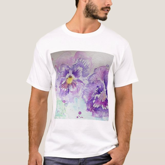 Lila Pansy-Blume Wasserfarbenmalerei T-Shirt (Vorderseite)