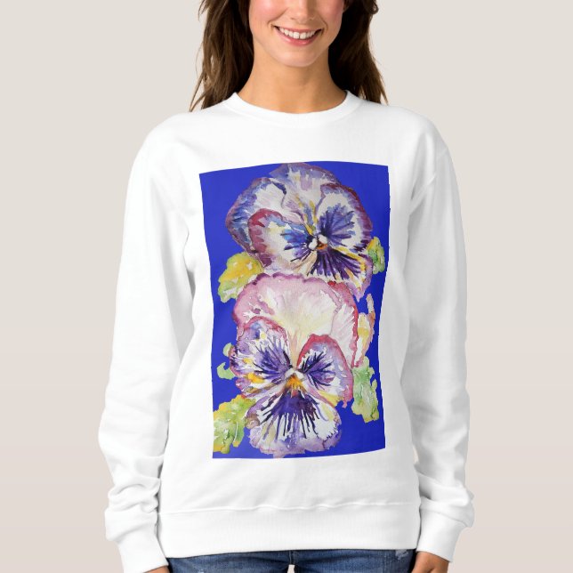 Lila Pansy Blumenmuster Wasserfarben Blume Sweatshirt (Vorderseite)