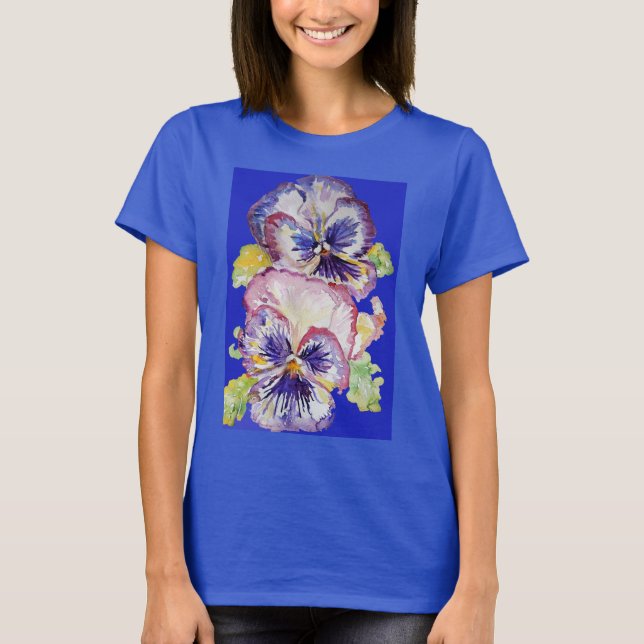 Lila Pansy Blumenmuster Wasserfarben Blume T-Shirt (Vorderseite)