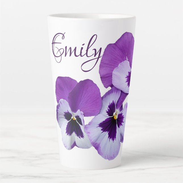 Lila Pansy floral Emily Name anpassbar boho Milchtasse (Vorderseite)