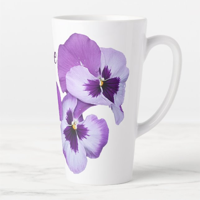 Lila Pansy floral Katie Name anpassbar boho Milchtasse (Rechts)