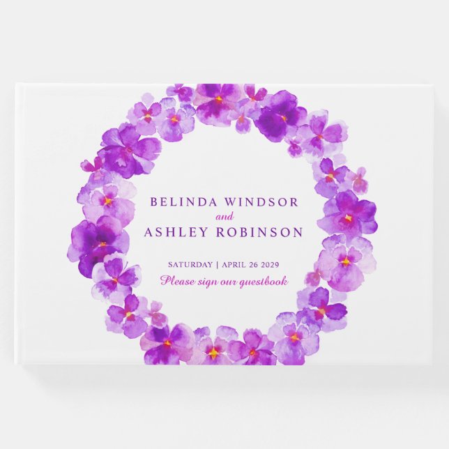 Lila Pansy-Kranz Aquarell HochzeitsGästebuch Gästebuch (Vorderseite)
