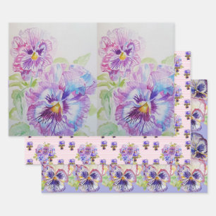 Lila Pansy Stiefmütterchen Blume Aquarellmalerei Geschenkpapier Set