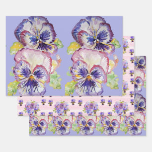 Lila Pansy Stiefmütterchen Blume Aquarellmalerei Geschenkpapier Set