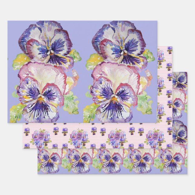 Lila Pansy Stiefmütterchen Blume Aquarellmalerei Geschenkpapier Set (Set)