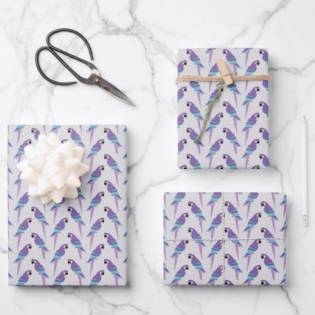 Lila Papageien Geschenkpapier Set (Vorderseite)