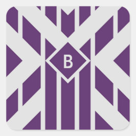 Lila Parallelogramm-Streifen auf Grau mit Monogram Quadratischer Aufkleber