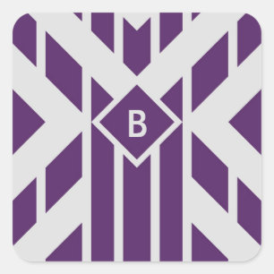 Lila Parallelogramm-Streifen auf Grau mit Monogram Quadratischer Aufkleber