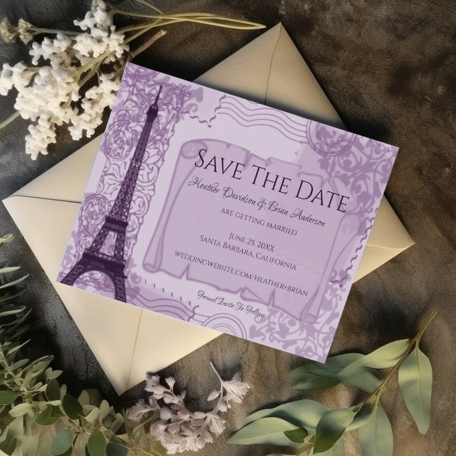 Lila Pariser Ankündigung Datum freihalten (Purple Parisian Save the Date)