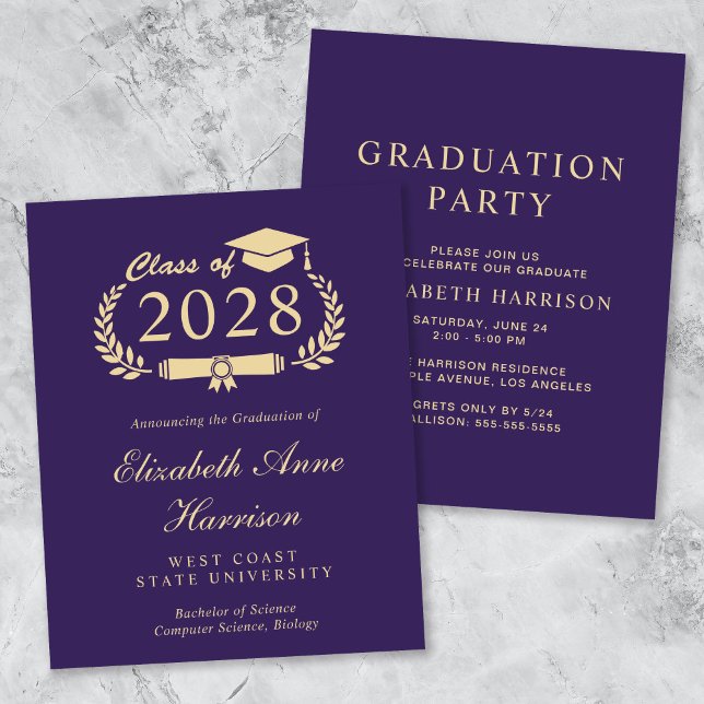 Lila Party Einladung des Uni-Abschlusses (An elegant college graduation party invitation to celebrate the graduate's achievements)